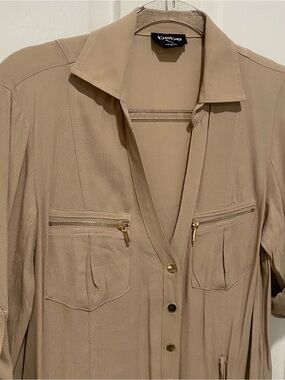 Bebe Taupe Button-Front shirt Dress with Gold Zippers